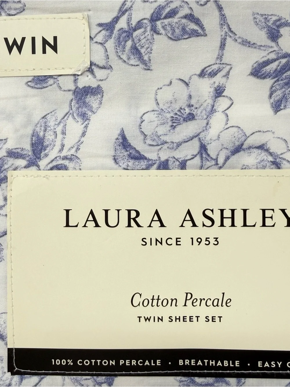 Laura Ashley twin sheet set Cotton percale Floral periwinkle blue purple New